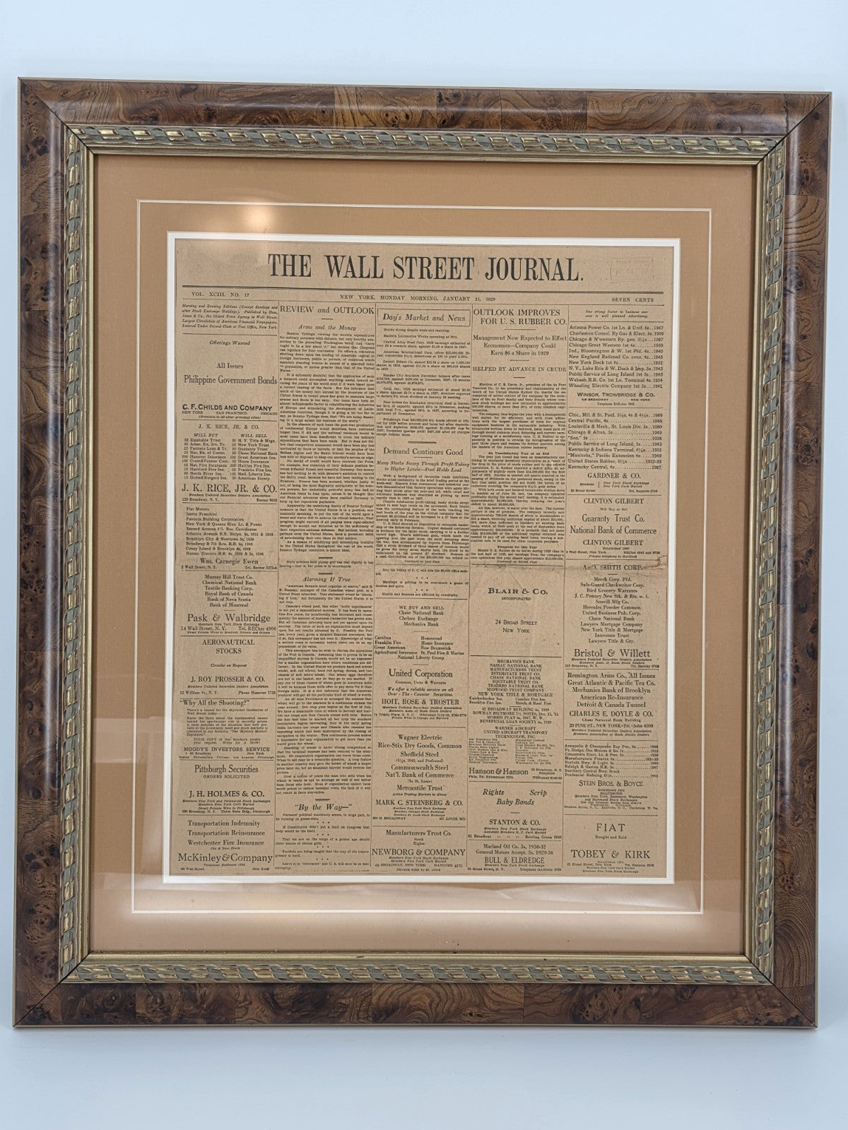1929 Wall Street Journal Framed Newspaper Front Page Pre-Crash Financial Era