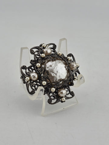 VTG 1950s Signed Miriam Haskell Brooch Pin 1 7/8 Filigree Faux Pearls Ornate