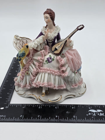 Vintage Dresden Art Germany Lace Porcelain Lady Musician Figurine Bird Bench