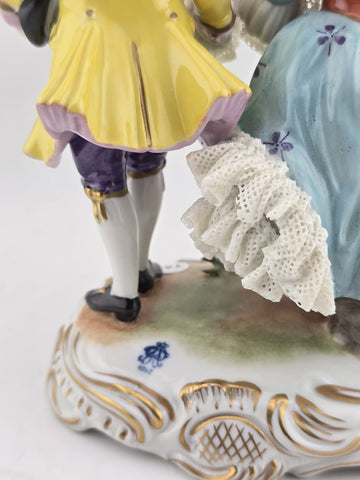 Vintage MCM Volkstedt Dresden Lace Porcelain Figurine GDR Courting Couple Rococo