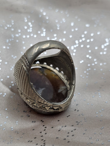 Antique Islamic Silver Agate Aqeeq Men's Ring Large Cabochon Middle Eastern