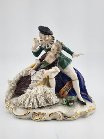 Set Of 2 Antique 19th C Victorian Dersden Germany Laced Figurine Courting Couple