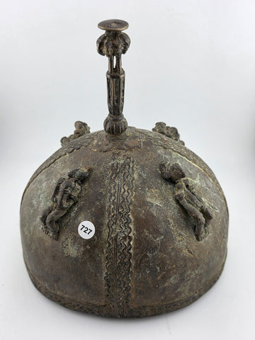 Early 20th C Luba Congo Bronze Ritual Vessel Lid w/ Figures African Tribal Art