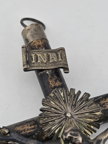 Antique 19th C Crucifix Metal Jesus On Wood Cross W Rare Tips Memento Mori Skull