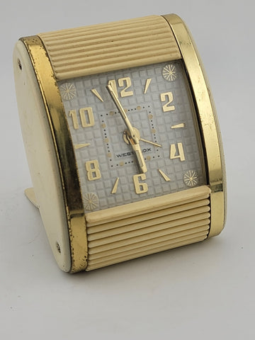 MID-CENTURY WESTCLOX GOLD STARBURST NUMBERS. SLIDE & GO ALARM CLOCK. Working.