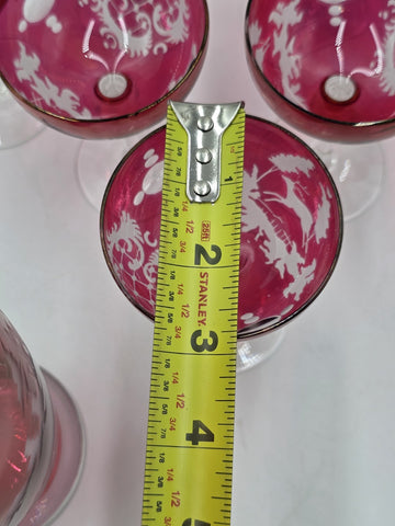 Rare Set Of 8 Antique Edwardian Wine Cranberry Glass Engraved Etched & Pitcher.