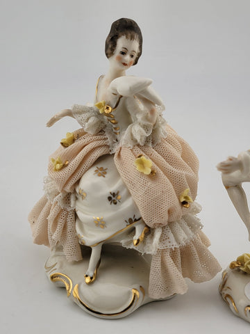 Set Of 2 Antique 19th C Victorian Dersden Germany Laced Figurine Man & Lady.