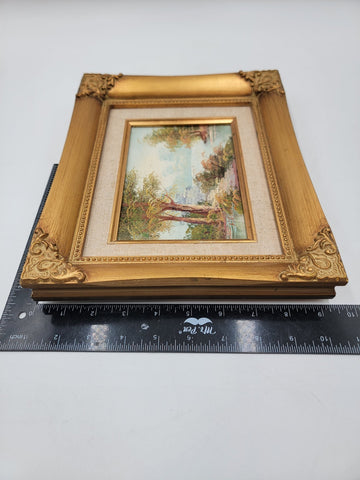 Vintage Mid-century Small Landscape Painting In Gold Wooden Frame. Artist Signed