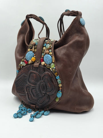 Vintage Cole Haan G Series Brown Leather Native American Style Large Hobo Bag