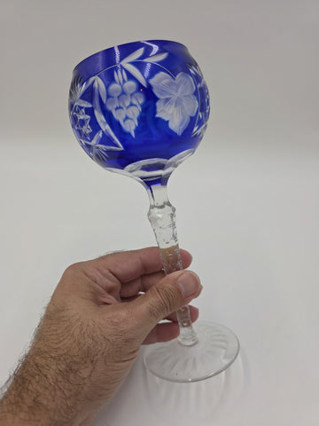 Nachtmann Saphire Blue Lead Crystal Wine Glass Grapes Floral Cut 8.5" Stemware