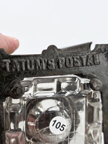Antique TATUM'S Postal Ink Stand Cast Iron Glass Inkwell Quill & Envelope Holder