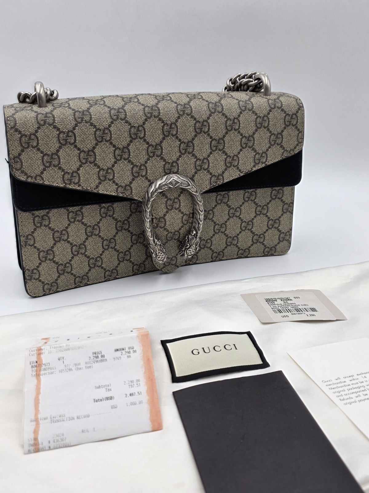 New W Tag Gucci GG Supreme Dionysus Medium Shoulder Bag with Chain Strap.