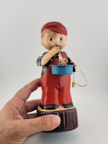 1960'S MICHANICAL WIND-UP BUBBLE BLOWER BOY TIN LITHO MARUSAN JAPAN TOY Untested