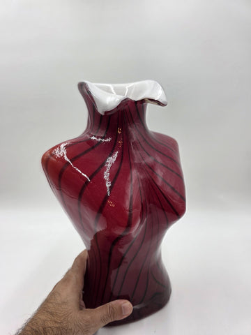 Vintage Murano Style Large Glass Vase Woman's Torso Red & Black W/ White Casing