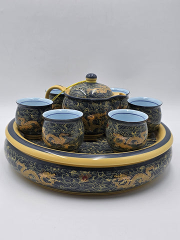 Chinese Qianlong Mark Porcelain Dragon Gongfu Tea Set Teapot 6 Cups Tray. New.