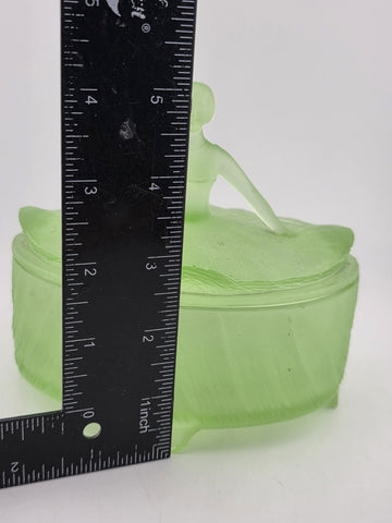 Antique Victorian Lady Uranium Vaseline Glass Trinket Powder Jar Box With Lid