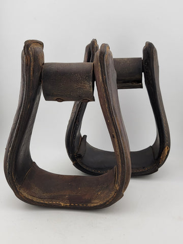 Antique Horse Western Stirrups Saddle Tack Floral Handmade Leather Covered Pair