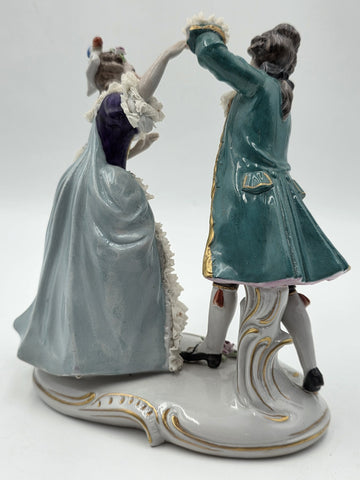 Vintage German Dresden Lace Porcelain Courting Couple Figurine Hand Painted 7.5"