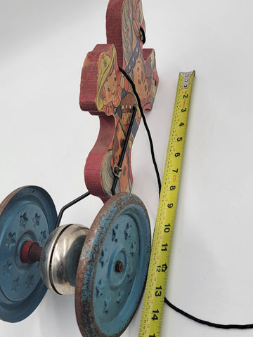 1940'S PULL TOY COWBOY ON HORSE Wood Metal Wheels Gong Bell Mfg.Co.