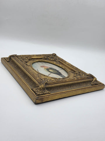 Antique Gilt Baroque Style Wood Framed Bird Painting On Wooden Oval Panel Decor.