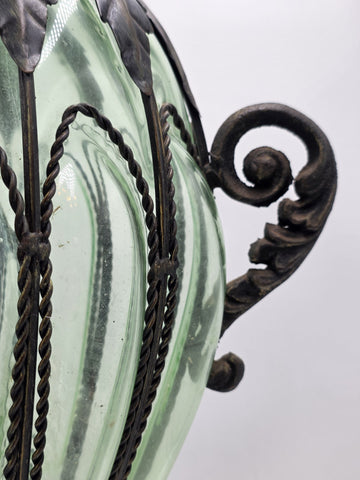 Rare Antique 19th C Murano Green Caged Blown Glass Urn Vase Centerpiece. 23 In