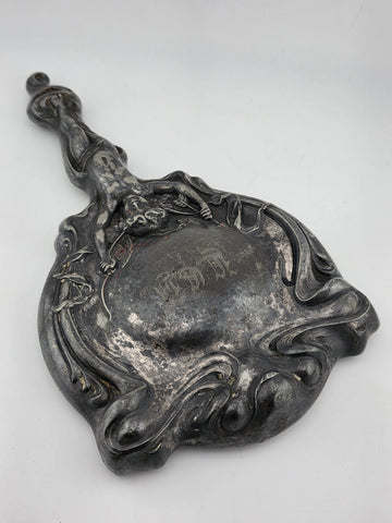 Antique Art Nouveau Silver Cupid Cherub Angel Figural Hand-Held Vanity Mirror