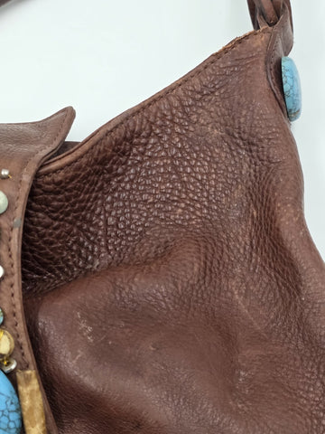 Vintage Cole Haan G Series Brown Leather Native American Style Large Hobo Bag