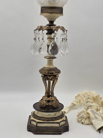 Antique Victorian Converted Table Lamp Etched Glass Shade Prism Drops 24"
