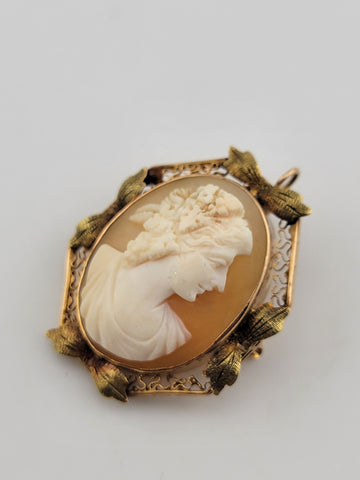 Antique Art Deco 10K Gold Portrait carved shell pendant brooch 1&1/4 inch.