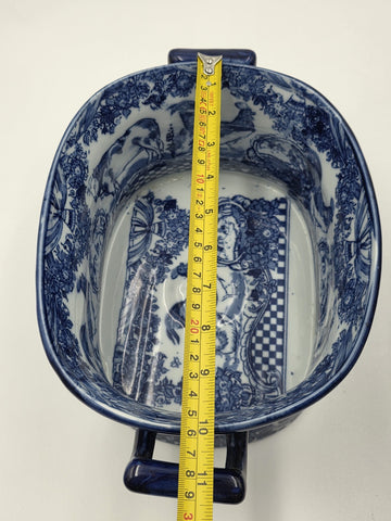 Pair XL Blue White Transferware Cachepot Jardiniere Planters Farm Animal Decor