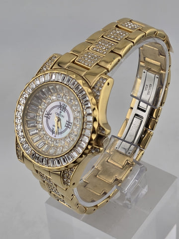 Croton Gold Tone Crystal Baguette Bezel Watch Mother of Pearl Dial Quartz. Works