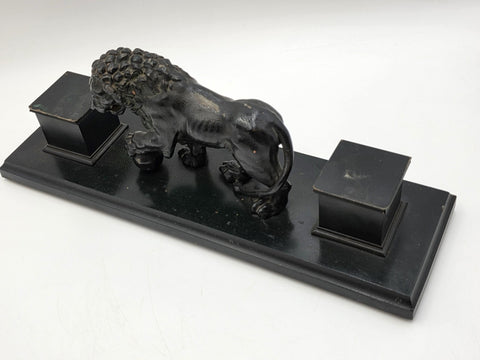 19th C Victorian Cast Iron Lion Double Inkwell Desk Set Antique Black Japanned.
