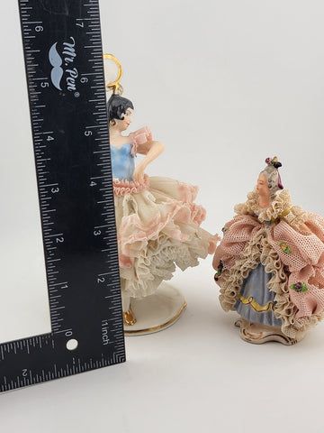 Set Of 2 Volkstedt Germany Dresden Lace Small Ballerina Pink Porcelain Figurines