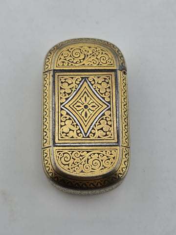 Rare Spanish Damascene Gold Inlaid Steel Vesta Match Safe Case Toledo c.1880