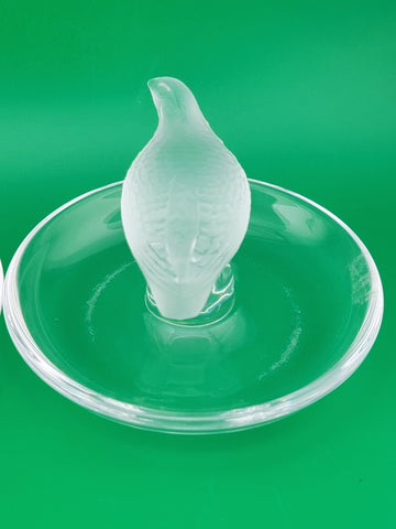 Set Of 2 Lalique Crystal Glass Partridge Quail Bird Ring Holder Trinket Dish