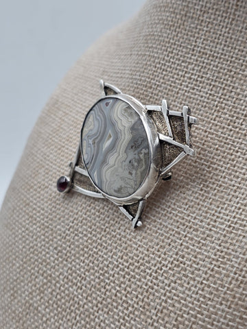 Vintage 925 Sterling Silver Banded Agate Garnet Artisan Brooch Pendant 27.9g
