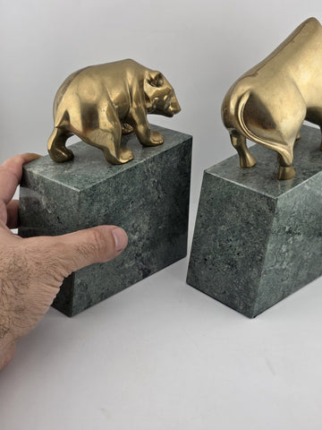 Book Ends Stock Market Bull & Bear MCM Brass and Marble Wall Street Bookends