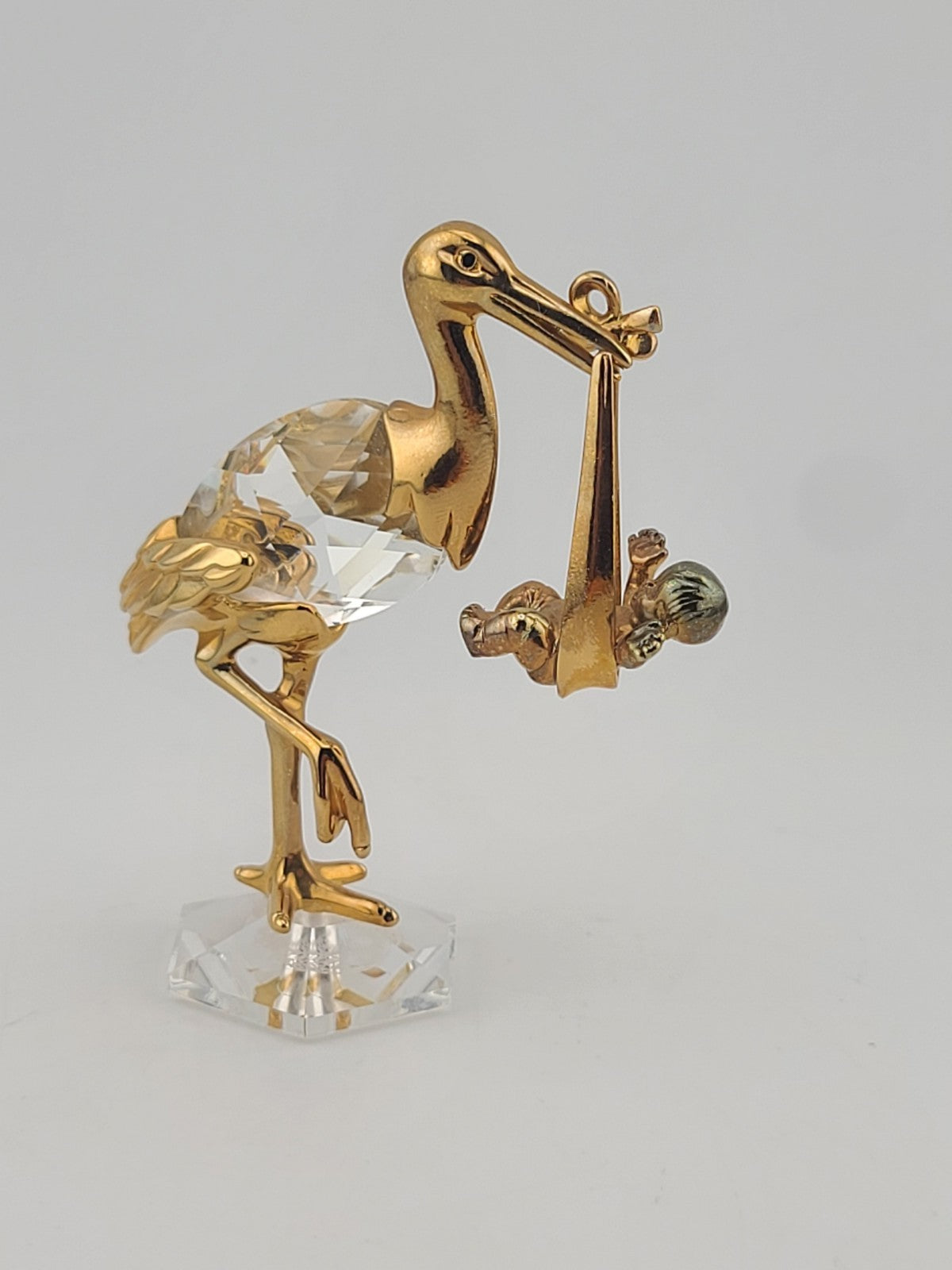 Rare Swarovski Crystal Stork Baby Figurine Gold Tone New Arrival Maternity Gift
