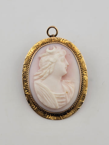 Antique Art Deco 10K gold Portrait carved shell pendant brooch 1&1/4 inch.