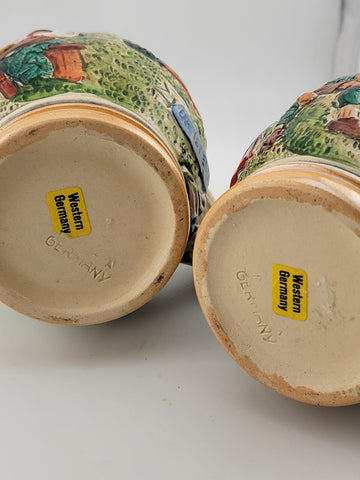 Lot Of 2 Vintage Hand Painted Ceramic West German Beer Stein. Bavaria Scene.
