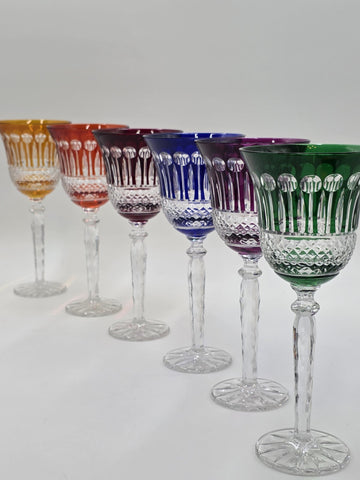 Gourgeous Set Of 6 Colorful Cut to Clear Crystal 8 3/4" Tall Hock Wine Glasses