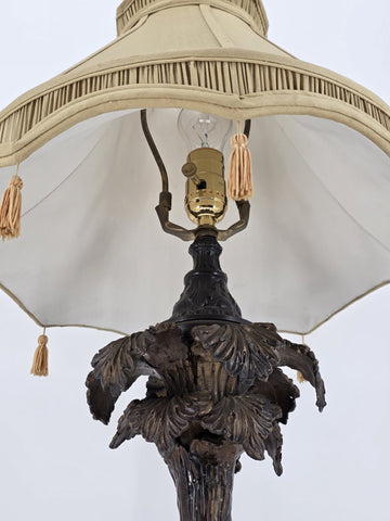 Antique Bronze Table Lamp with Palm Tree & Monkey, Beige Silk & Pleated Shade,