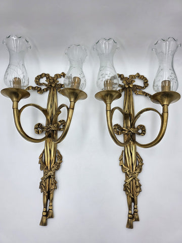Pair Vintage Louis XVI Style French Ormolu Brass Wall Sconces w/ Etched Glass.