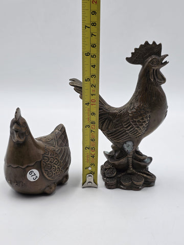 Pair Antique Chinese Bronze Rooster Hen Chicken Figures Qianlong Mark Auspicious