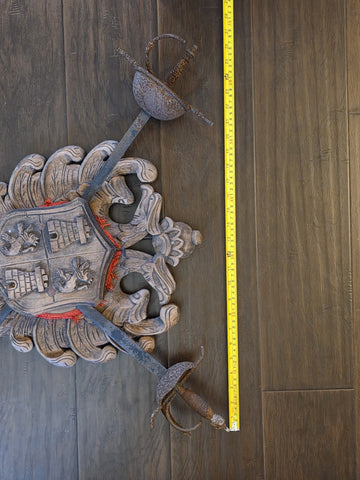 Antique Large Spanish Walnut Wood Carved Family Coat of Arms W 2 Tolido Swords.