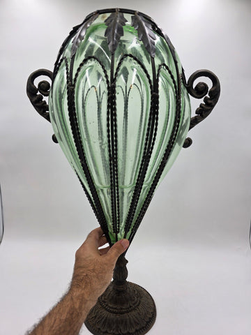 Rare Antique 19th C Murano Green Caged Blown Glass Urn Vase Centerpiece. 23 In