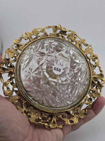 Antique Victorian Ormolu Cut Crystal Covered Vanity Dish W Floral Lid, C 1890.