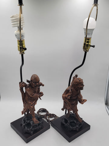 Pair Of Antique C 1910's Chinese Handcarved Boxwood Statues Made Into Lampshades