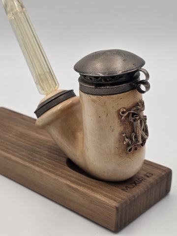 Antique Meerschaum Tobacco Pipe Long Amber Stem Silver Tone Wind Cap Monogram