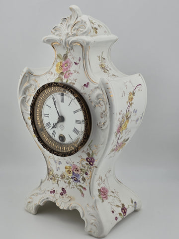 Antique 19th C Ansonia Royal Bonn China Porcelain Floral Shelf Clock Great Cond.